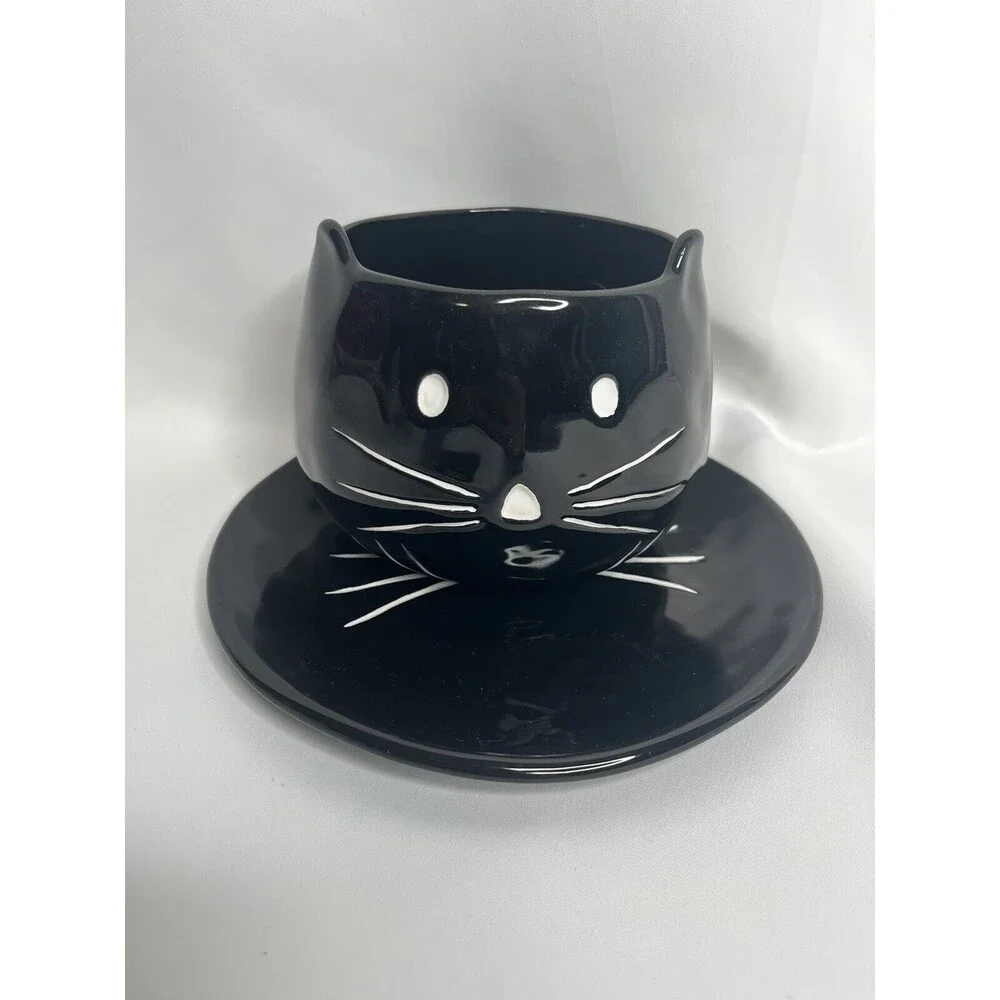 POTTERY BARN BLACK CAT FIGURAL BOWL AND PLATE Halloween Stoneware HTF CANDY DISH